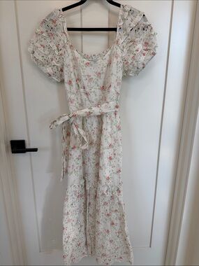LoveShackFancy White Floral Smocked Sundress with Pink and Green Accents